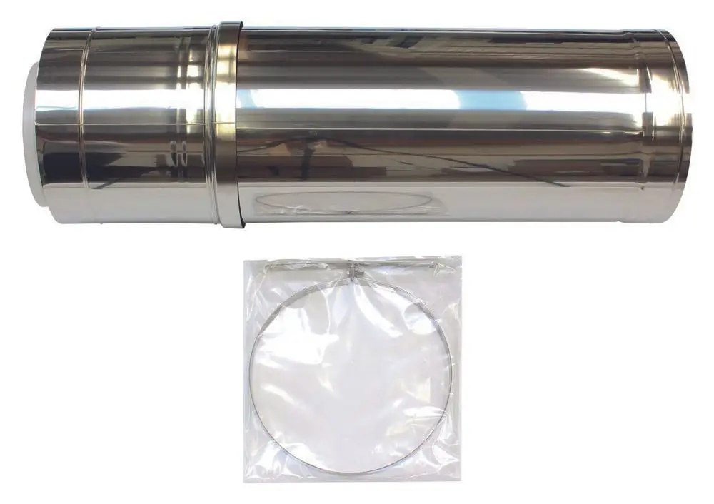 Senkrechter Edelstahlrohr mit Fassung für Wandmontage und einem Befestigungsring in einer transparenten Verpackung. Produkt von Vaillant.